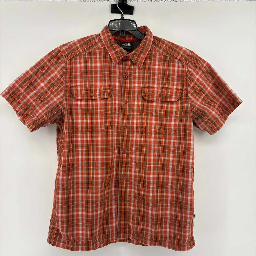 The North Face Mens Large Orange Plaid Short Sleeve Hiking Button Down Shirt